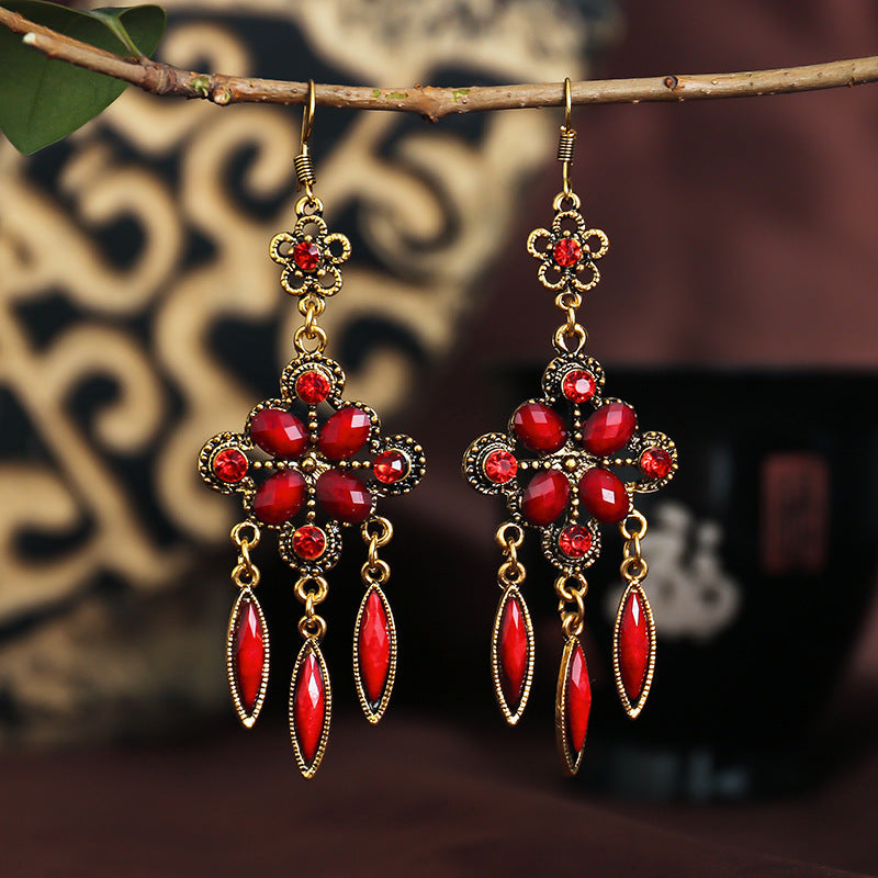New Retro Ethnic Style Accessories Diamond Hole Blue Long Fringe Earrings Women