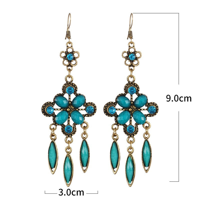 New Retro Ethnic Style Accessories Diamond Hole Blue Long Fringe Earrings Women