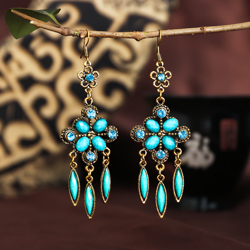 New Retro Ethnic Style Accessories Diamond Hole Blue Long Fringe Earrings Women