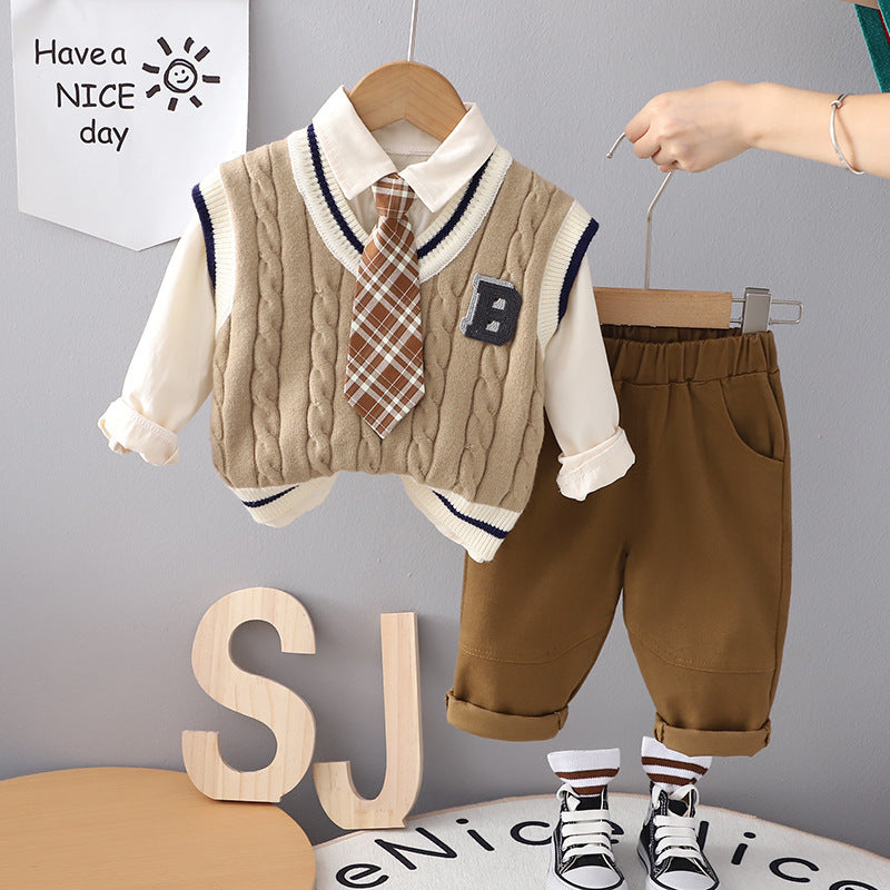 Boys Autumn Clothing Suit Tie B- Shaped Sweater Three-piece Set