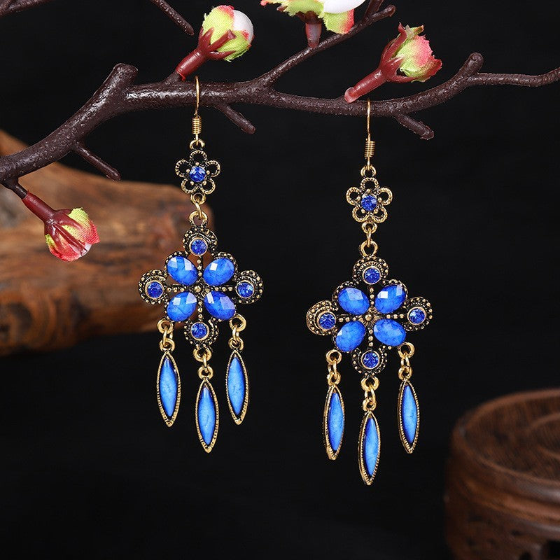 New Retro Ethnic Style Accessories Diamond Hole Blue Long Fringe Earrings Women