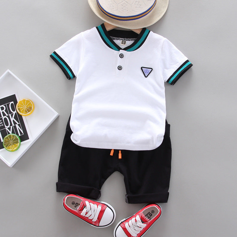 Summer Children's Boys' Handsome Casual Stand Collar Two-button Triangle Mark Short-sleeved Shorts Two-piece Set
