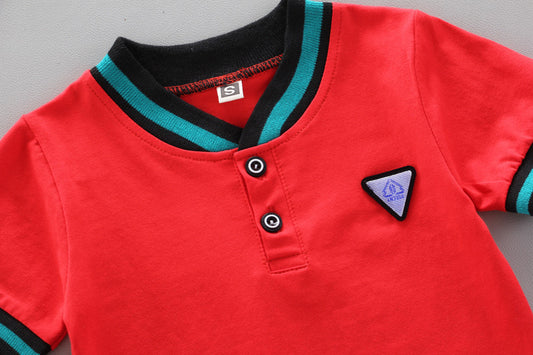 Summer Children's Boys' Handsome Casual Stand Collar Two-button Triangle Mark Short-sleeved Shorts Two-piece Set