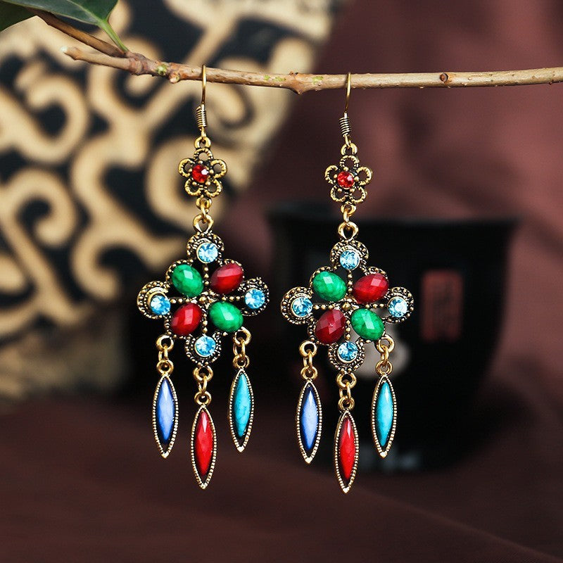 New Retro Ethnic Style Accessories Diamond Hole Blue Long Fringe Earrings Women