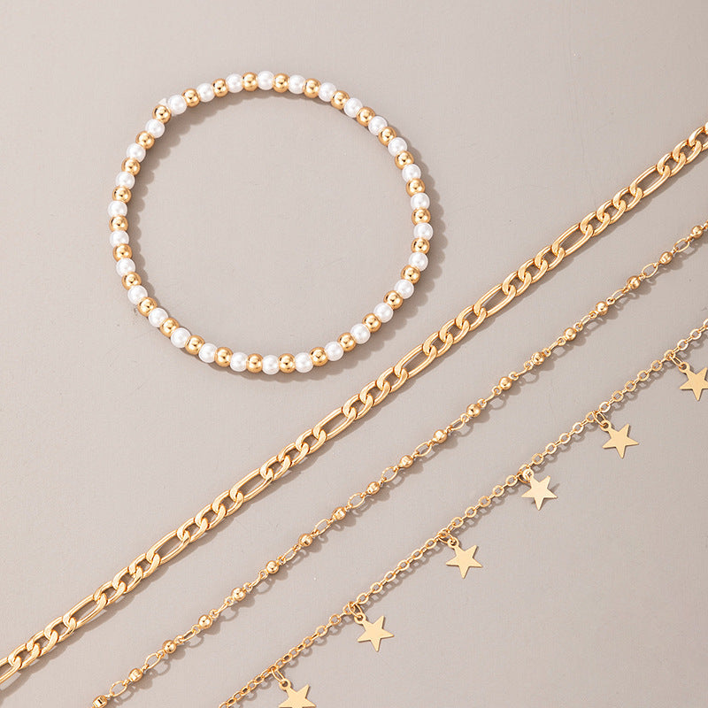 Foot Accessories Bead Tassel Five-pointed Star Simple Chain 4-piece Beach Fashion Anklet