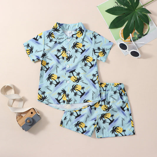 Boys' Summer Short Sleeve Printed Shirt Suit Summer Children's Beach Hawaii Holiday New Suit In Stock
