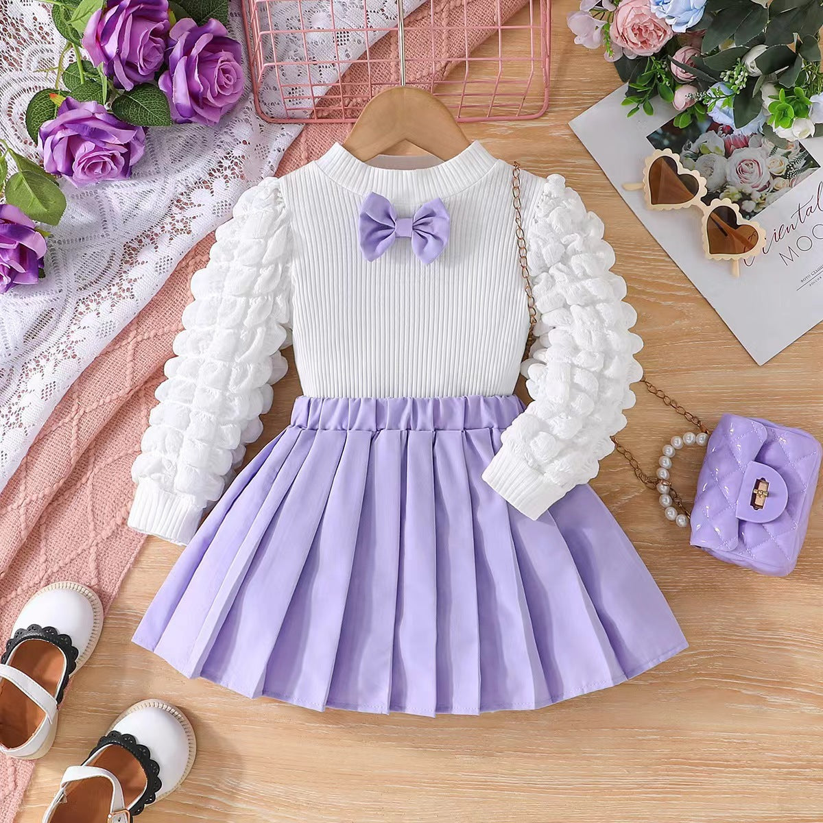 Two Piece Set Of Girls' Bubble Sleeve Skirt