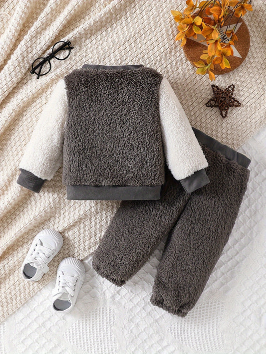 1 Set JOPGEEY 2pcs Baby Boys' Winter Outfit, Cute Cartoon Embroidery Fleece Warm Ribbed Crew Neck Long Sleeve Pullover Top and Plush Warm Cuffed Long Pants, Polyester Knitwear, for Outdoor