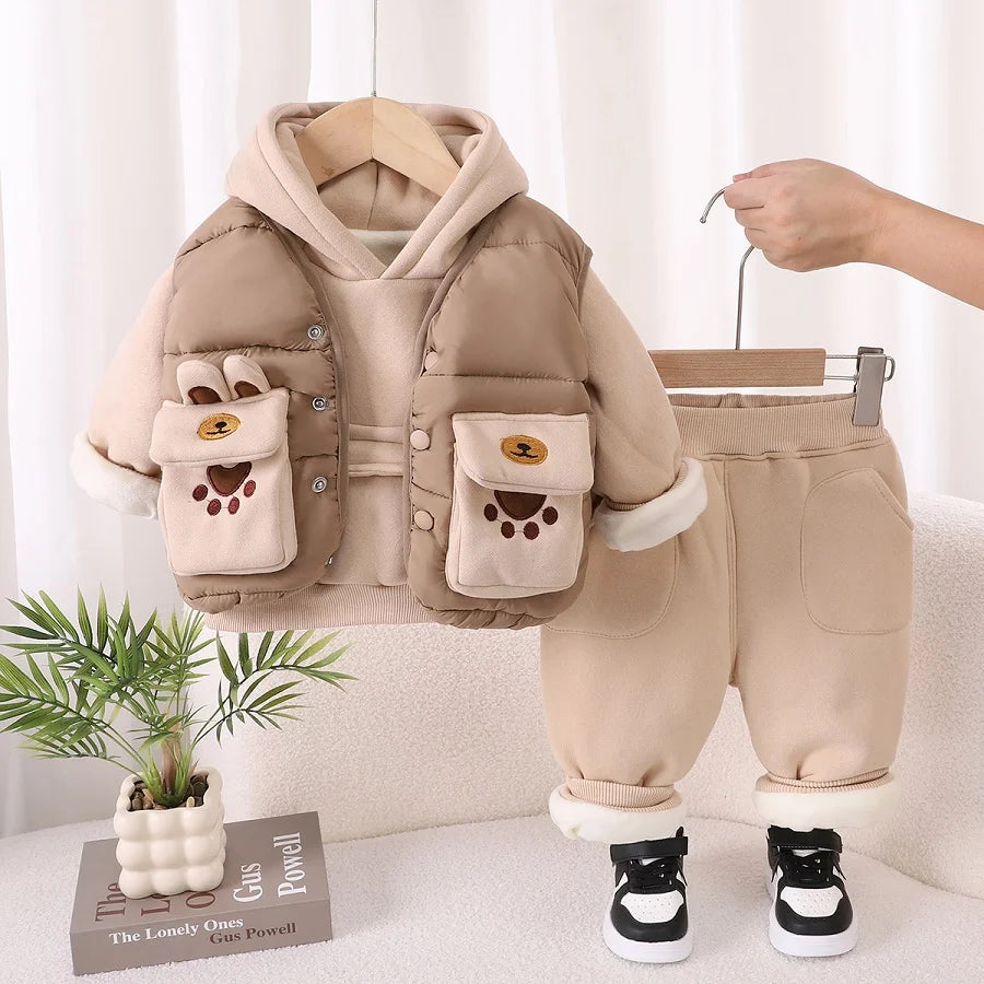Winter New Baby Hooded Cotton Coat Long Sleeve Set for Boys and Girls' Vest with Velvet and Thickened Casual Three Piece Set