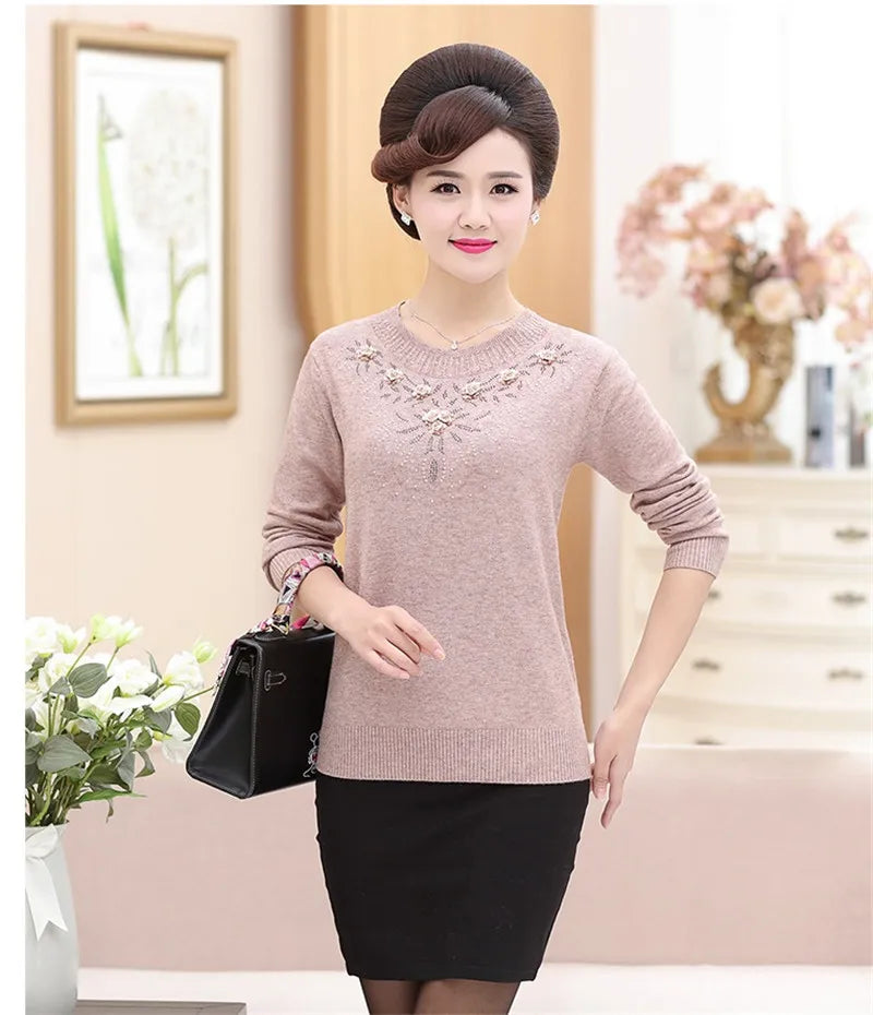 Middle-aged Women's Winter Sweaters And Pullovers Warm Bottoming O-neck Wool Sweater Mother Dress Tops Jumper Feminina W105