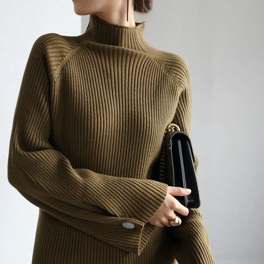 Women Autumn And Winter Half High Collar Knitted Sweaters Solid Female Soft Elastic Soild Color Pullover Button Full Sleeve Tops