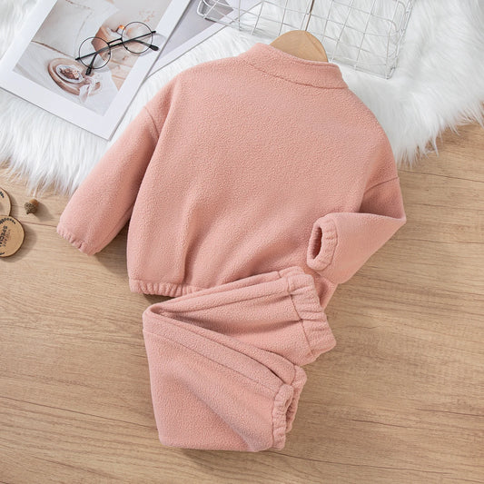 Girls Winter Casual Outfit Solid Color Fleece Thickened Hoodie Pants Clothes Set Half-Zip Children Sweater Sets