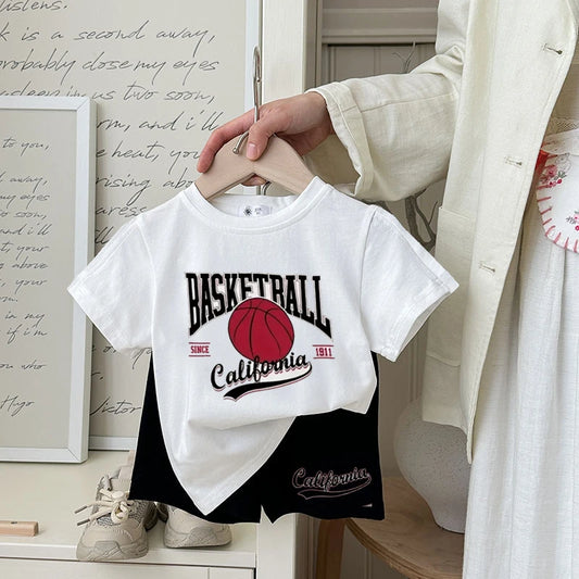 Summer Boys Clothes Printed Basketball Kids Casual Tracksuit 2piece Set T-shirt + Shorts Loose Fashion Children's Wear Suit