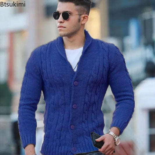 Autumn Winter Men's Warm Knitted Sweater Solid Single-breasted Twisted Texture Cardigan Lapel Slim Buttoned Thick Sweater Male