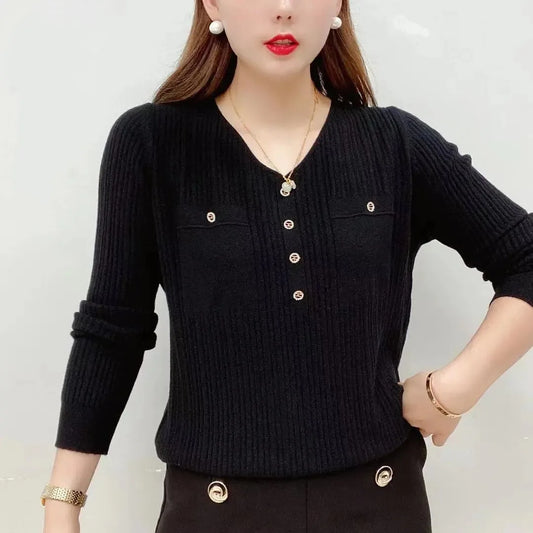New Long Sleeve Knit V-Neck Pullover Loose Thin Sweater Underlay Autumn Sweater Top