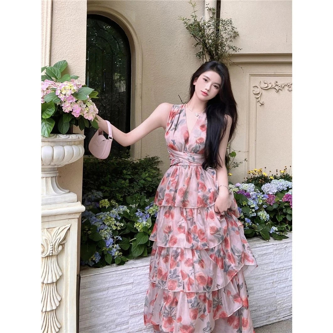 Summer Vacation Dress Woman French Elegant Irregular Floral Suspender Dress Beach Stylem Korean Fashion Midi Dress Chic
