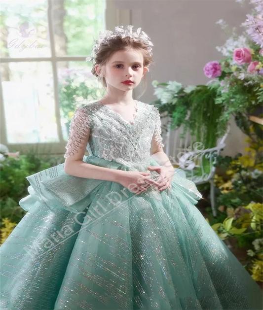 Beautiful Girls Party Dress Green Celebration Wedding Tube Bead Lace Flower Girl Dress Birthday Princess Pageant