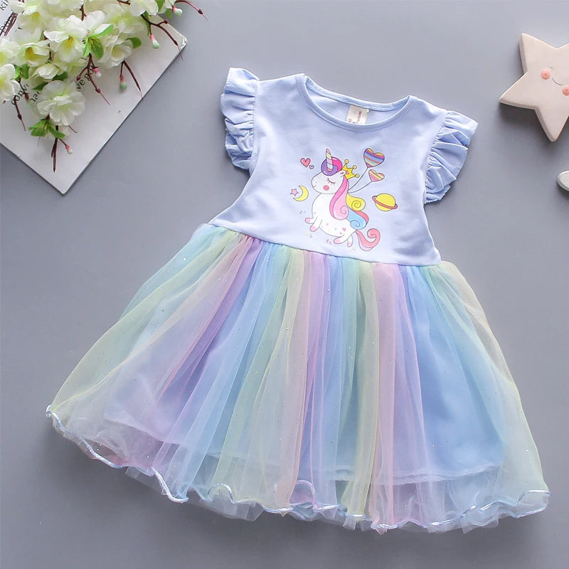 Girls Dress 2025 New Summer Princess Dresses Flying Sleeve Kids Clothes Unicorn Party Baby Dresses For Children Clothing 3-8Y