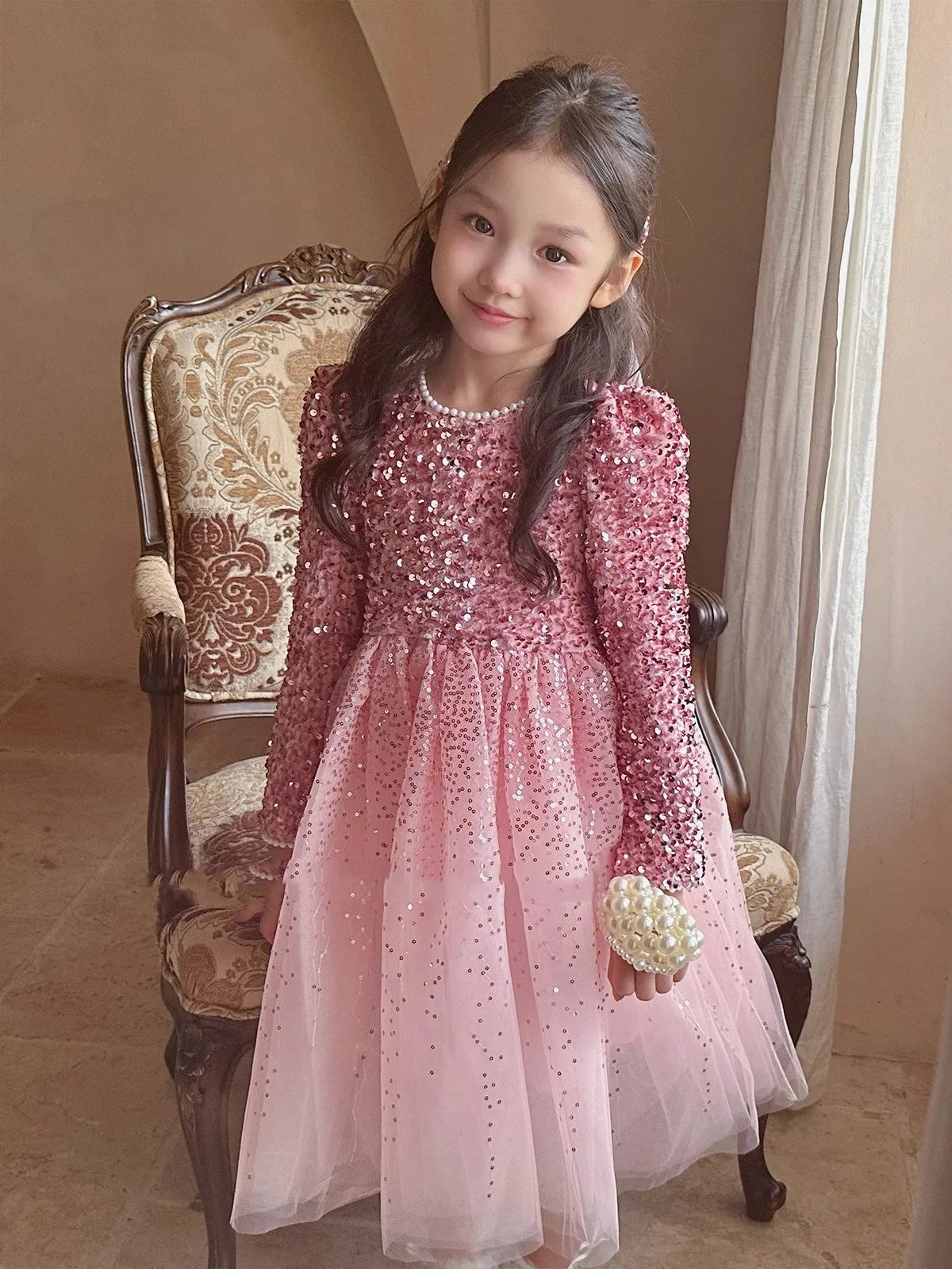 Winter Baby Girls Sequin Work Fleece Lined 4-Layer Mesh Zip Back Dresses with Head Veil Kids Outfit Children Sweet Skirt 2-8 Yr