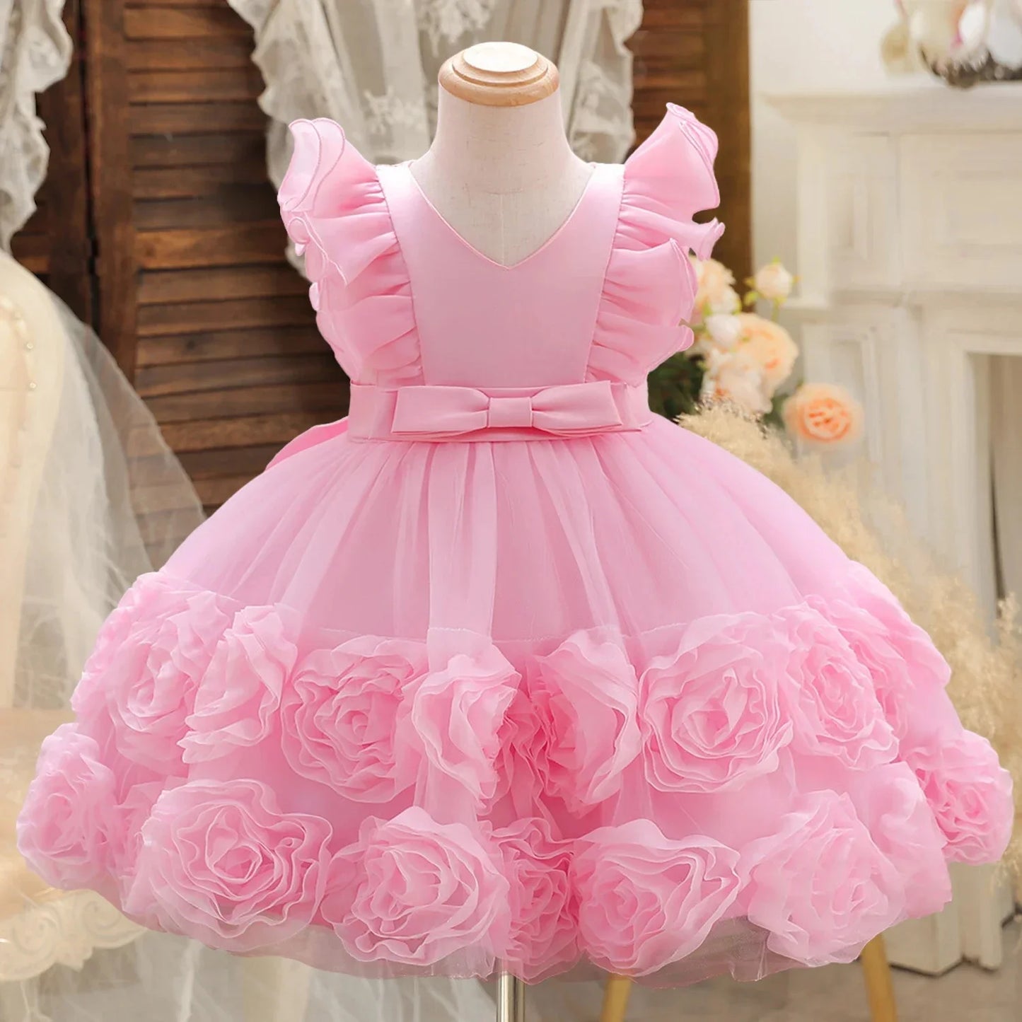 Elegant Party Dresses For Flower Girls Flying Sleeves Bow Puffy Princess Dress For Children Birthday Wedding Baptism Prom Gown