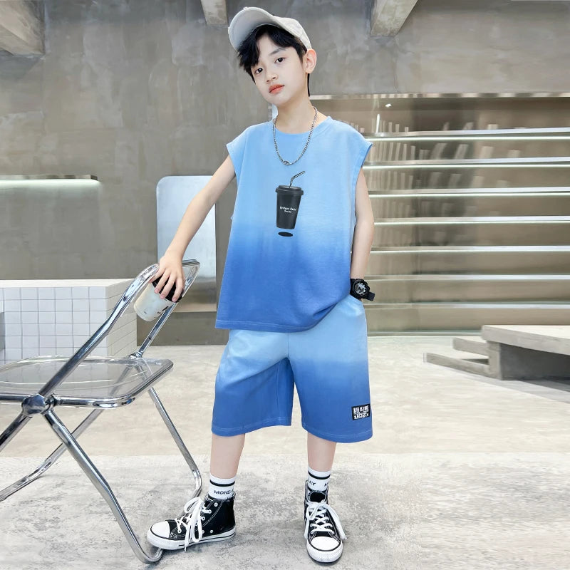 Fashion Boys Summer Top and Bottom set Clothing for Kids Child Casual Sleeveless Tshirt And Shorts Two Pieces Tracksuit Outfit
