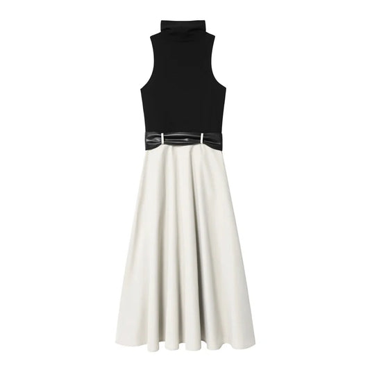 Women's Dress Summer 2025 New Color-blocked Sleeveless Belt Embellished Dress Long Dress Casual Fashion Temperament Elegance