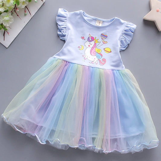 Girls Dress 2025 New Summer Princess Dresses Flying Sleeve Kids Clothes Unicorn Party Baby Dresses For Children Clothing 3-8Y