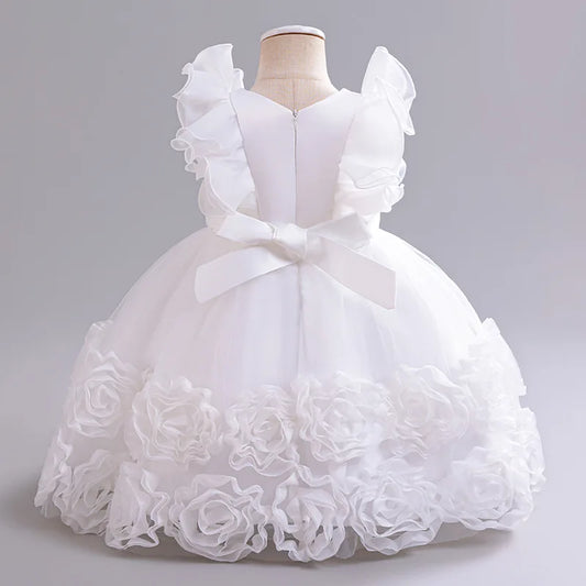 Elegant Party Dresses For Flower Girls Flying Sleeves Bow Puffy Princess Dress For Children Birthday Wedding Baptism Prom Gown