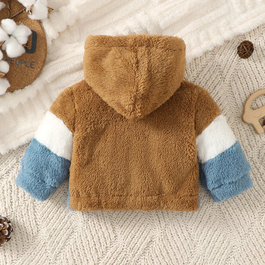 Baby boy Winter Color Blocked Plush coat Hood and Warm Zipper Coat for Baby boys, suitable for Newborns aged 0-9 Months