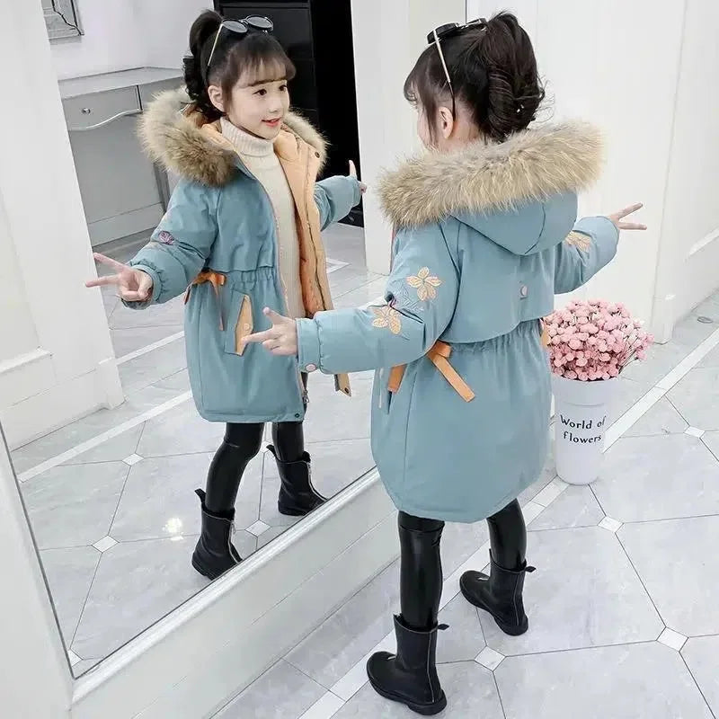 Winter Warm Jackets for Girls Two Colors Faux Fur Hooded Coat Kids White Duck Down Parkas Children Cotton Long Outwear