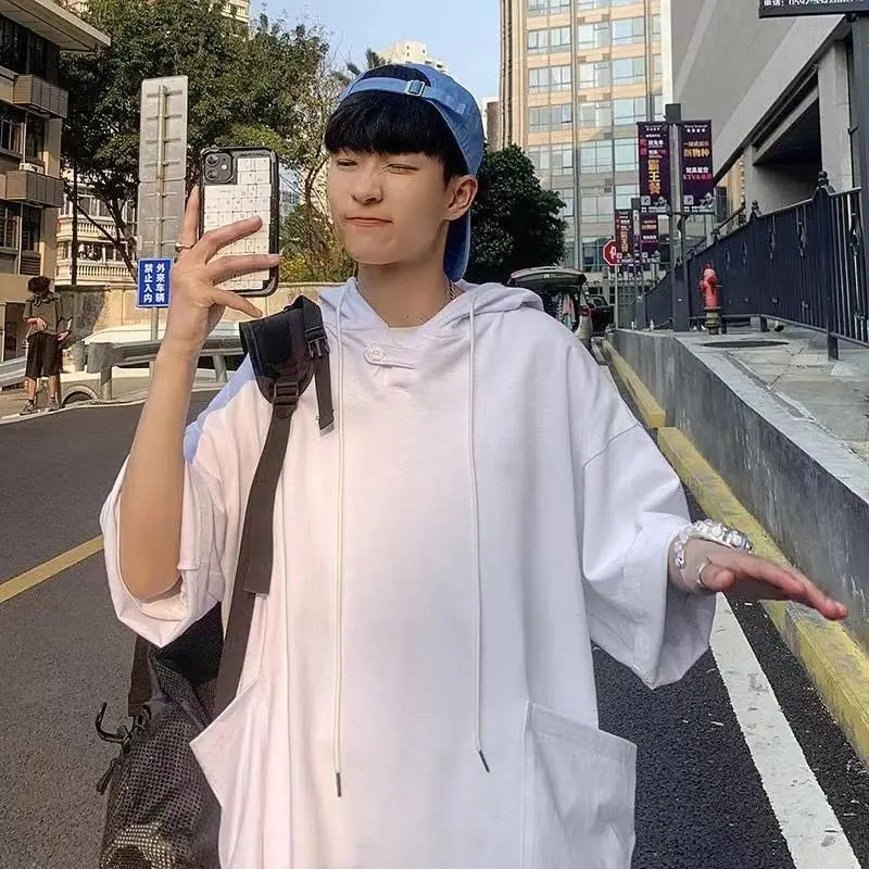 Summer Men's Short-sleeved Sweatshirt with Hat High Street Trend New T-shirt Half-sleeved Hooded Denim T-shirt