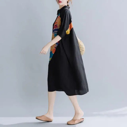 Women Summer Clothing 2025 New Style Literary Splicing Loose Printed Button Splicing Shirt Dress