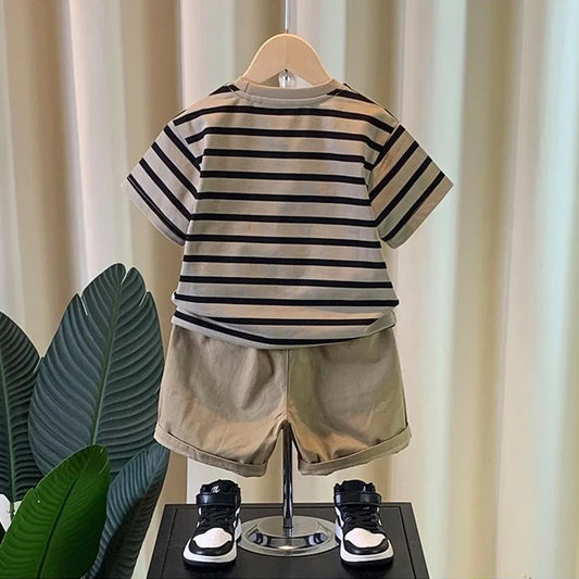 0-5 years old Boys' summer outfit set Summer short sleeved shorts New children's striped baby two-piece set