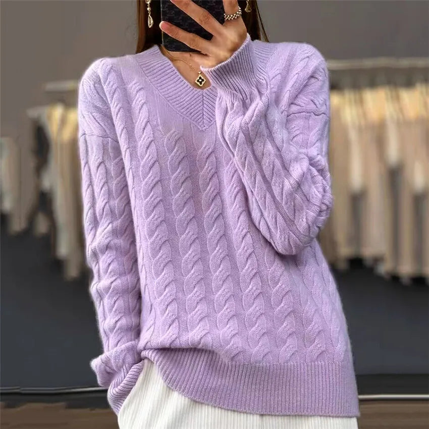 V-Neck Women's Sweater Autumn Winter New Fashion Long Sleeved Knit Pullover Warm Solid Basic Female Tops Knitwear