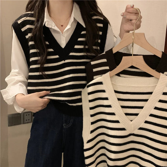 Women Autumn Winter Preppy Style Sweater Vest New Fashion Pullover Elastic Knit Ladies Jumper Casual Stripped Female Basic Tops