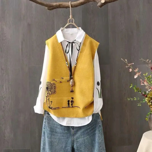 2023 Spring and Autumn New Korean V-neck Knitted Tank Top for Women's Casual Loose Sleeveless Age Reducing Top