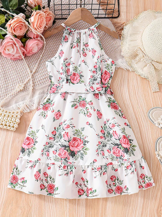 Girls' Summer Romantic Floral Pattern Spliced Dress Ruffle Hem Belt Casual Vacation Halter Dress