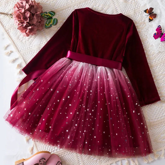Girl Party Princess Dress Autumn Winter 3-8Y Children Christmas New Year Velvet Top Gradient Stars Mesh Bow Dres