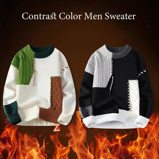 Men Loose Sweater Stylish Men's Winter Sweater with Irregular Colorblock Design Round Neck Knitted Detail Thick Sport for Cold