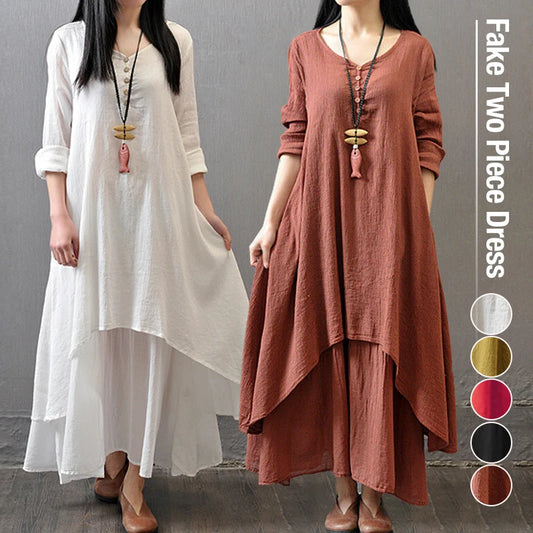 Summer Women Boho Vintage Kaftan Loose Gypsy Maxi Dress Fake Two-piece Literary Irregular Large Swing Dress Robe