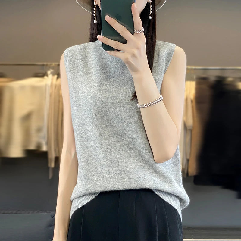 2024 Cashmere Vest Women's 100% Merino Wool Pullover Indoor Sleeveless Sweater Half-turtleneck Office Tops Waistcoat