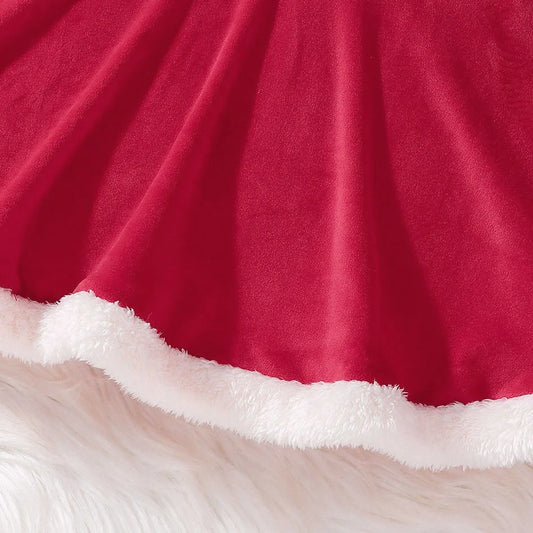 Girls Winter White Coat and Red Velvet Strappy Dress Kids Christmas Party Outfit 2 Pcs Clothing Set