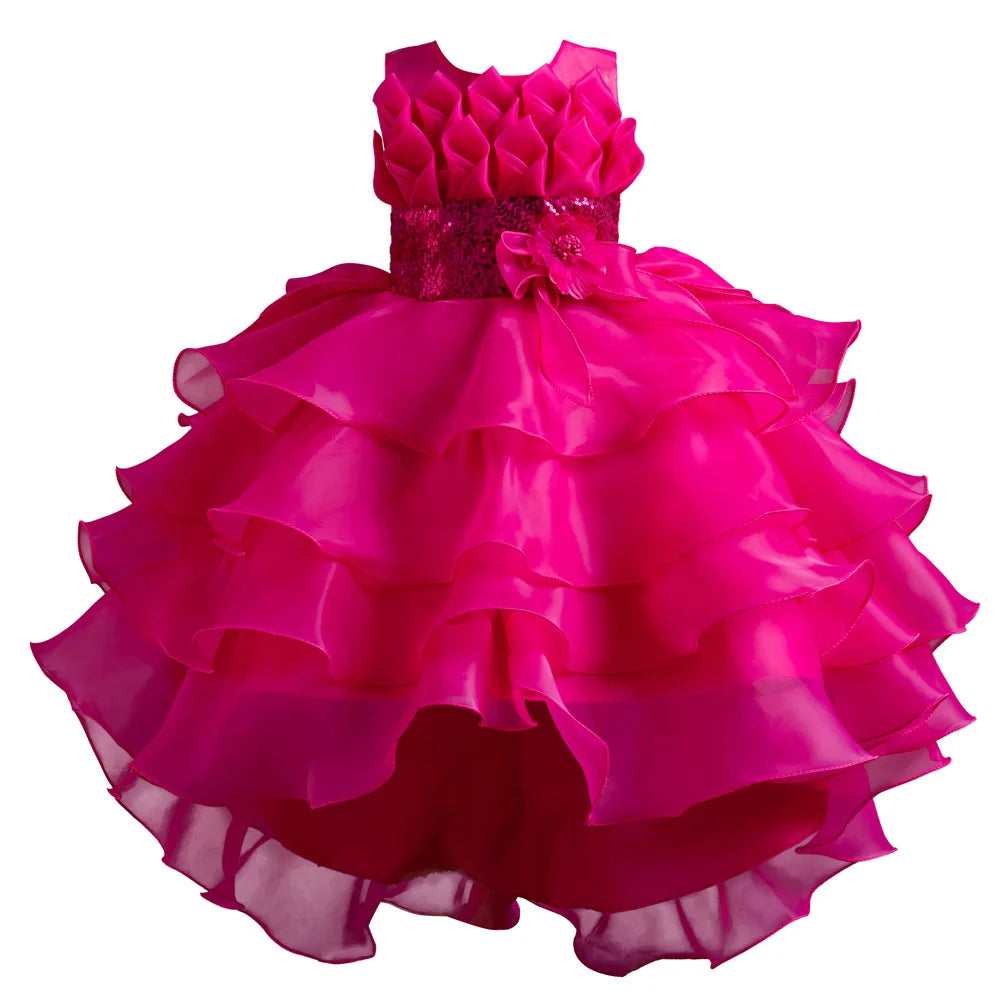 Girls Party Dress with Train, Puffy Cake Dress for Birthday & Flower Girl, Elegant Princess Gown for Host & Special Events