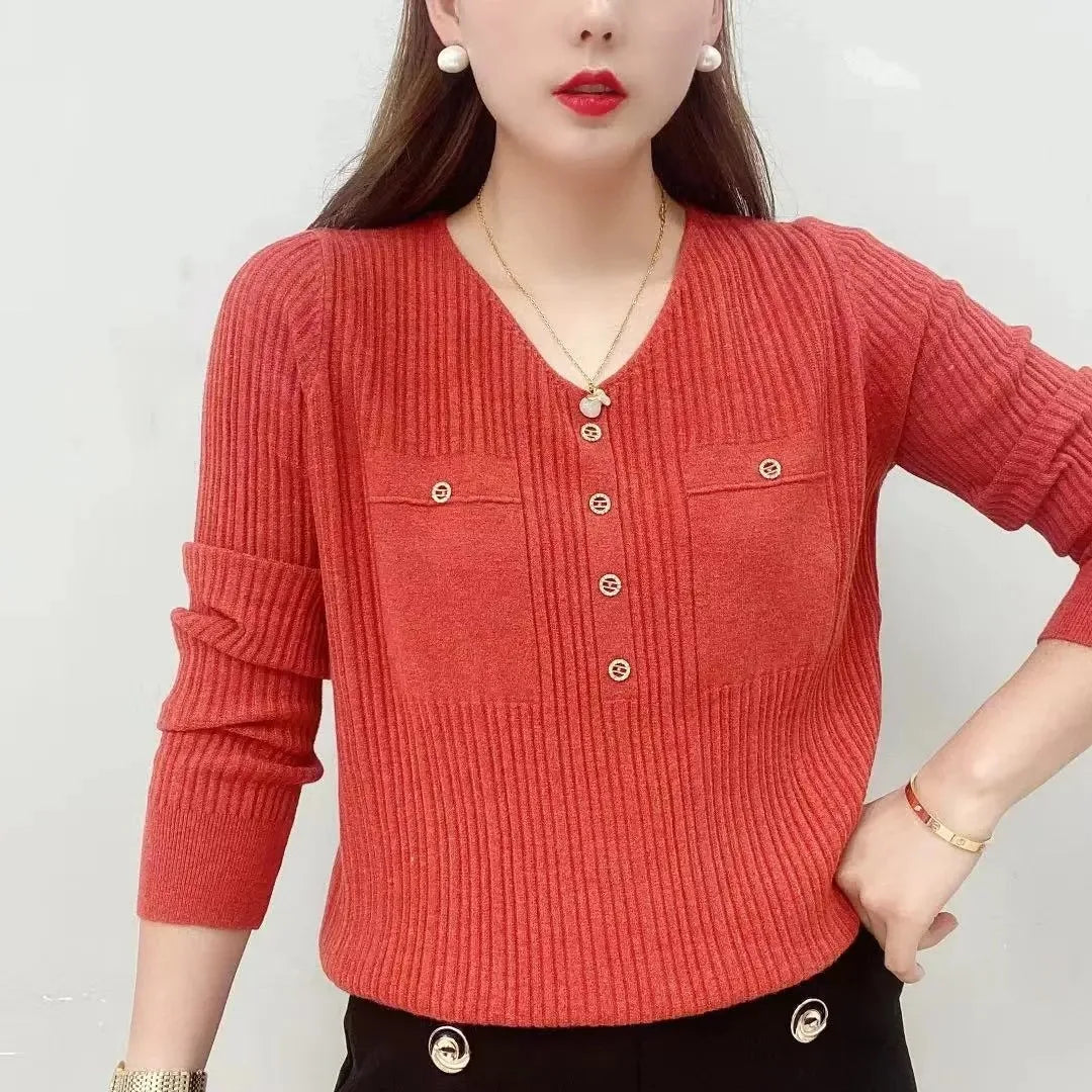 New Long Sleeve Knit V-Neck Pullover Loose Thin Sweater Underlay Autumn Sweater Top