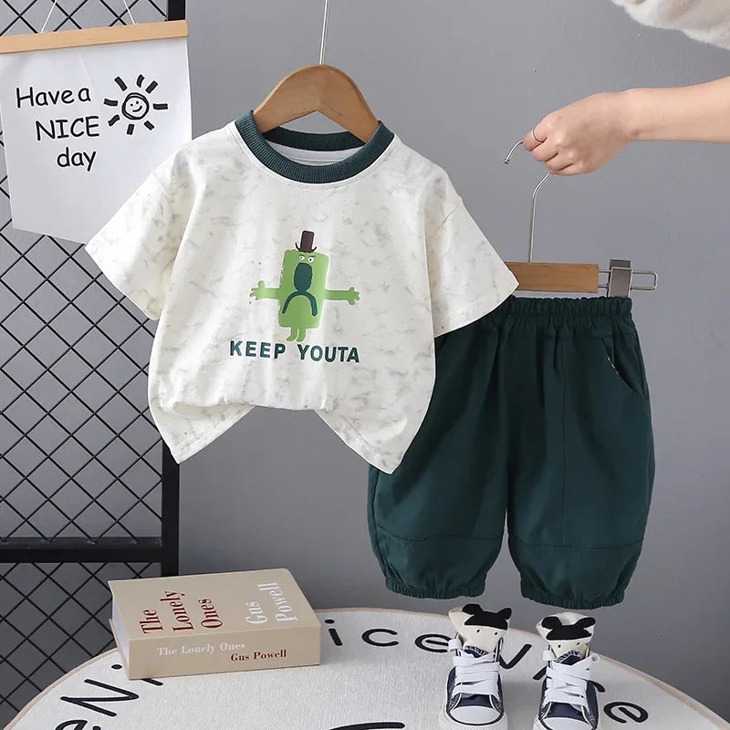 Boys' summer outfit set, baby's summer short sleeved two-piece set, children's Korean cartoon children's clothing, shorts