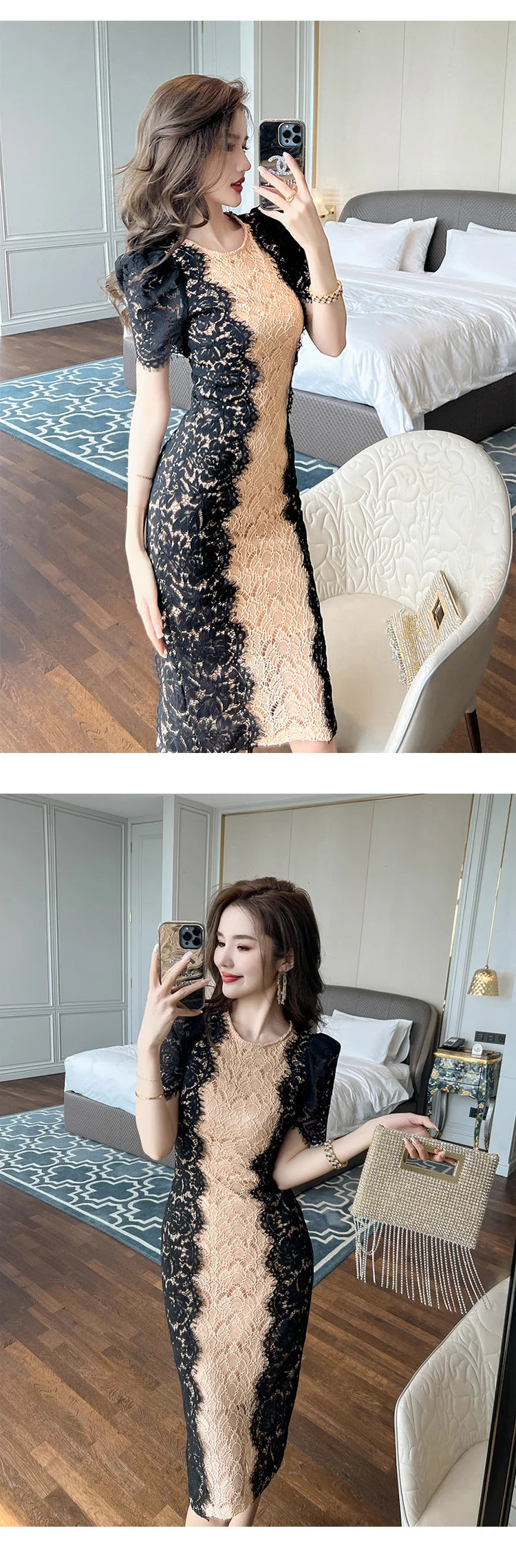 Fashion Summer Elegant Evening Dress For Women Lace Chic Short Sleeve Slim Midi Party Gown Mujer Stretchy Vestido Street Clothes