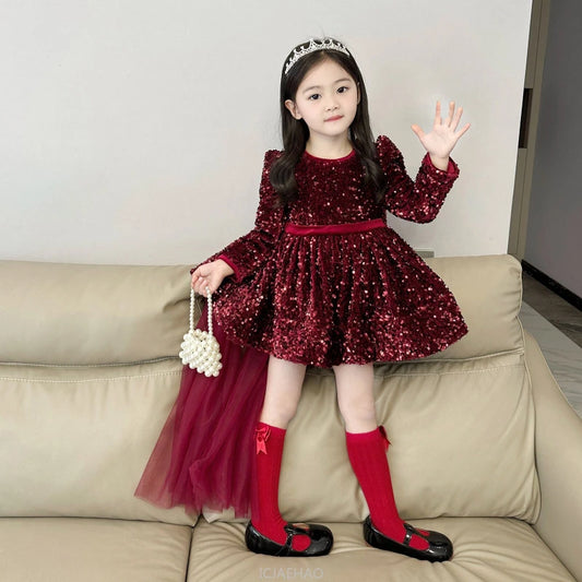 Wed Dress Winter Kids Girls Glitter Fleece Princess Dresses Children Birthday Bow Train