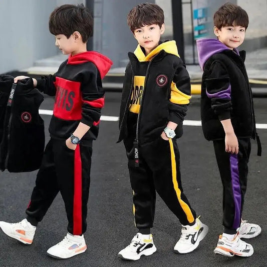 2025 winter Boys tracksuit Autumn Toddler Teenager Clothes vest velvet jacket + Sweatishrt hooded + Pant Children Kids 4 12 year