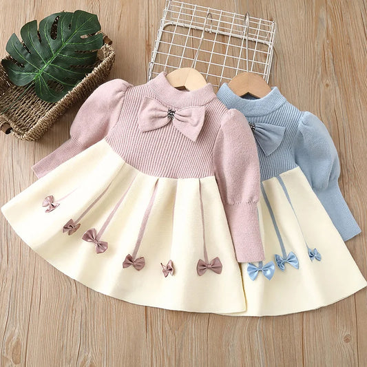 Girls' Sweater Skirt Sweaters Long Dress2025Autumn and Winter New Bow Sweet Princess Dress