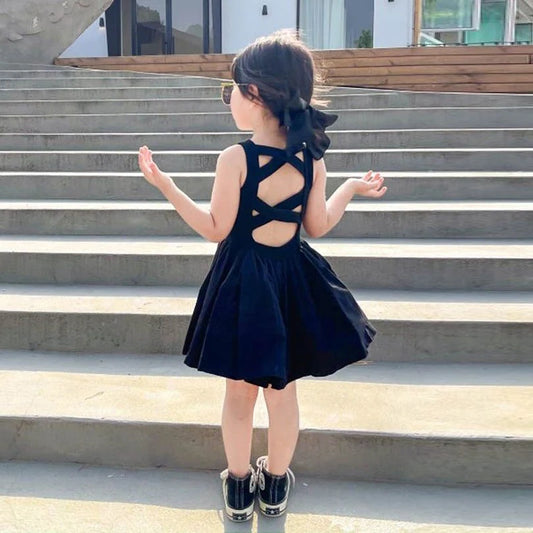 2024 Summer Girls Elegant Goth Dresss Black Sleeveless Tutu Dress Backless Off Shoulder Party Kid Dresses 2 4 5 6 7 8 Years Old